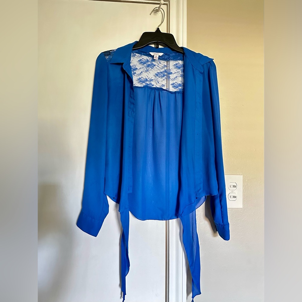 Candies Royal Blue Chiffon Button Shirt, Front Tie, Side & Back Lace, Size Med